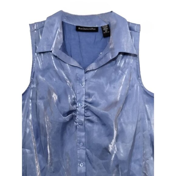 Blue Diamond Plus Size 18W Top Sleeveless Ruched Collared Button-Up Shiny Blue - Picture 3 of 9